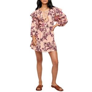 Pink Floral Ruffle Mini Dress with Tie Neck